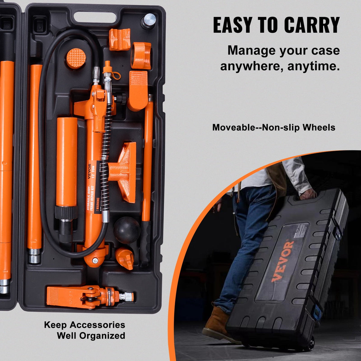VEVOR 12-Ton Porta Power Hydraulic Ram Kit, Pump, 4.6 ft Oil Hose and Storage Case for Automotive and Farm Repairs