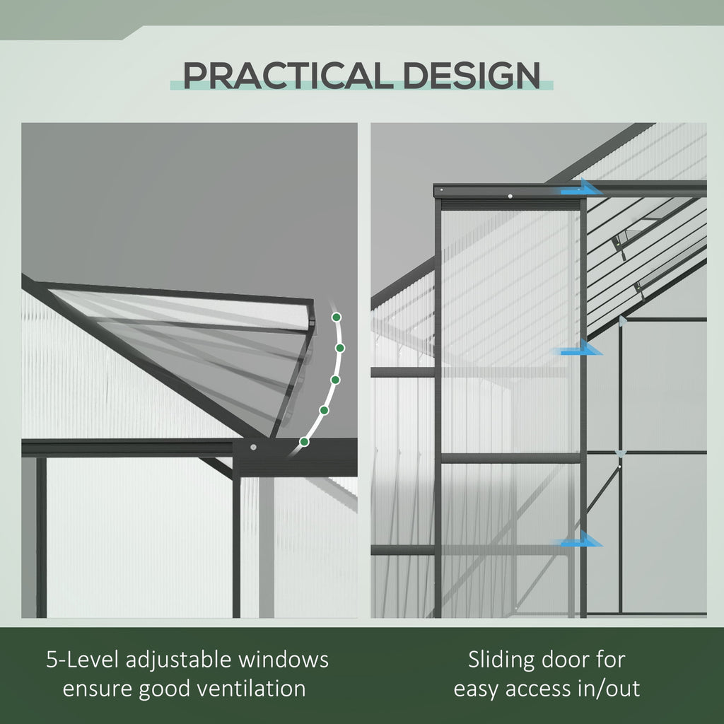 Outsunny Polycarbonate Greenhouse Kit with Vent Rain Gutter Door, Black