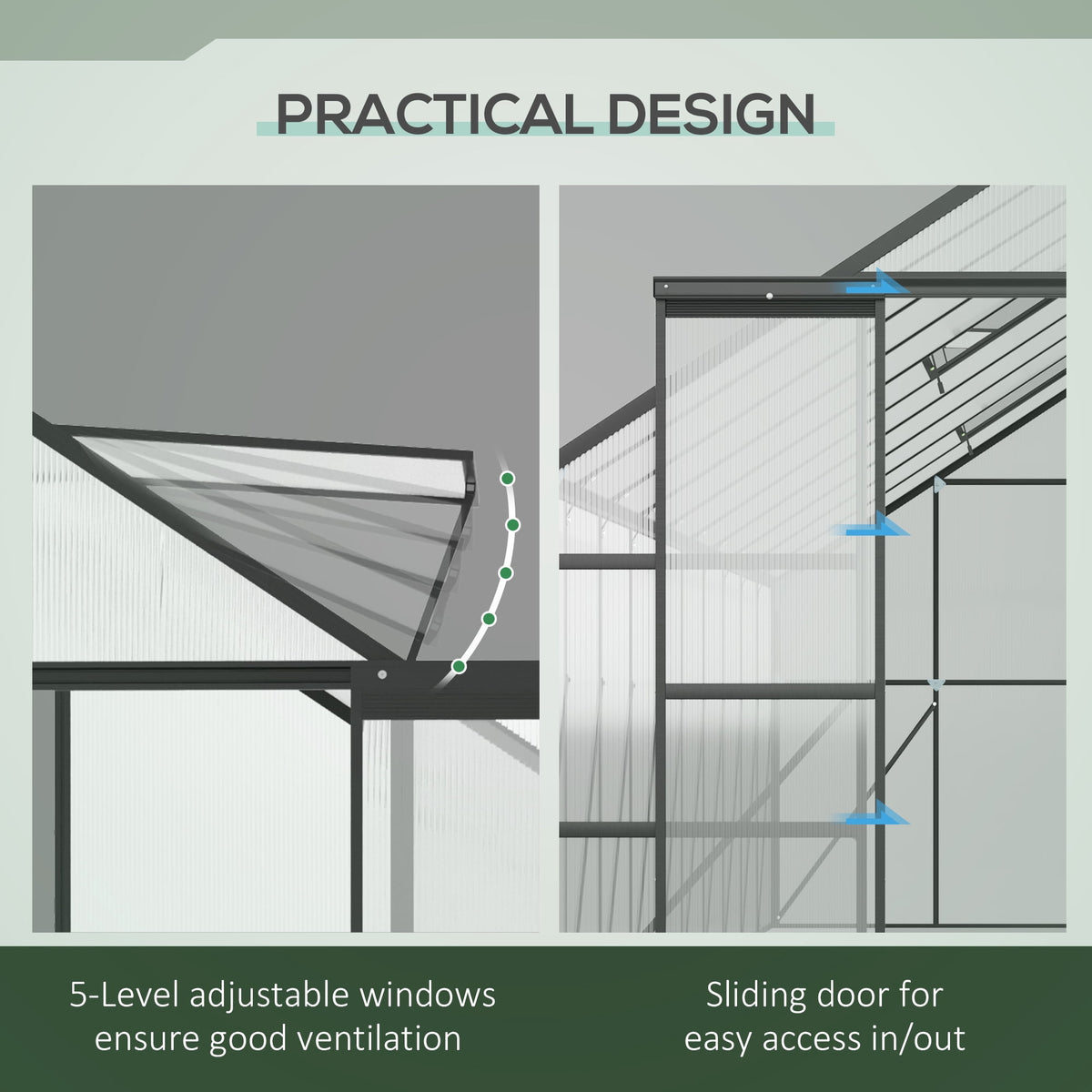 Outsunny Polycarbonate Greenhouse Kit with Vent Rain Gutter Door, Black