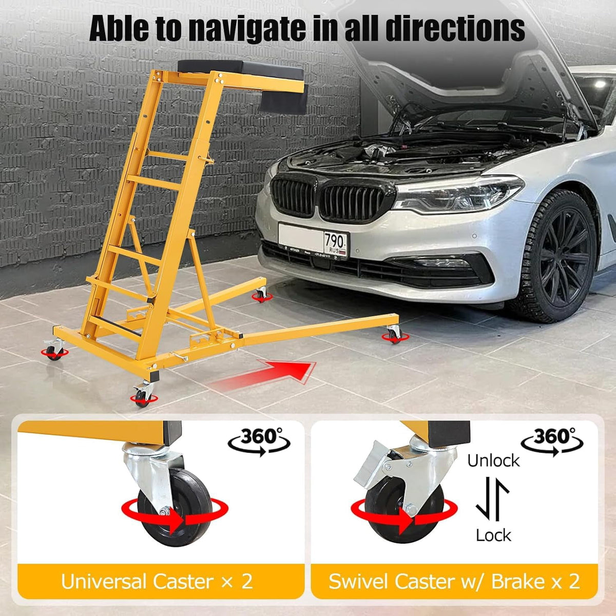 Adjustable Folding Topside Automotive Creeper, 440 lb Capacity, 48-66 Inch Height, Padded Deck and 4 Casters, Black/Yellow