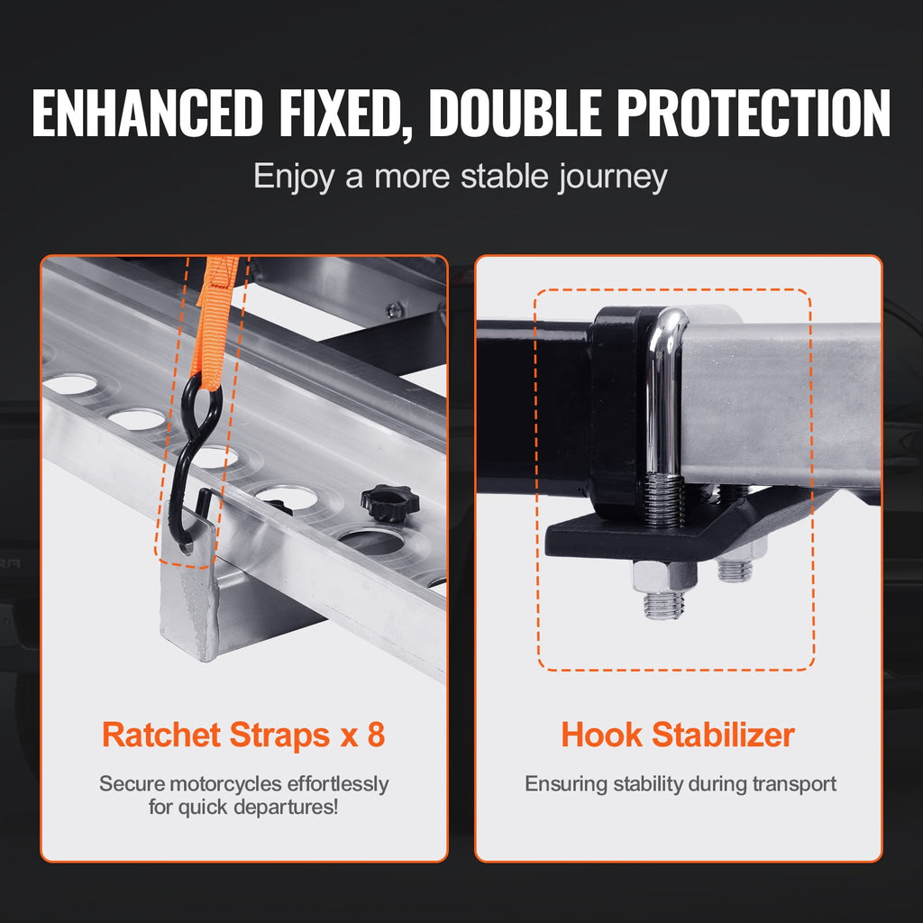 KFFKFF 2-Bike Aluminum Motorcycle Hitch Carrier, 600 lb Capacity, Loading Ramp, Ratchet Straps and Stabilizer