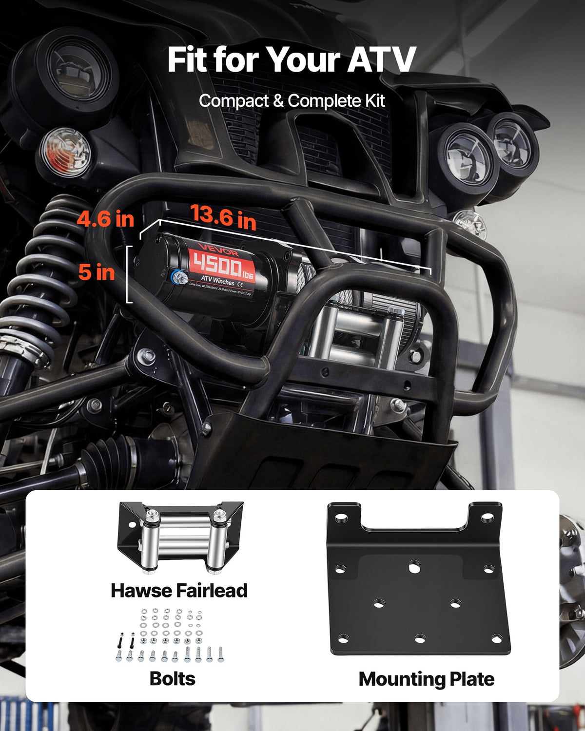 VEVOR 4500 lb 12V ATV/UTV Electric Winch, 0.24 Inch x 39.4 ft Steel Rope, Wired/Wireless Controls, IP54