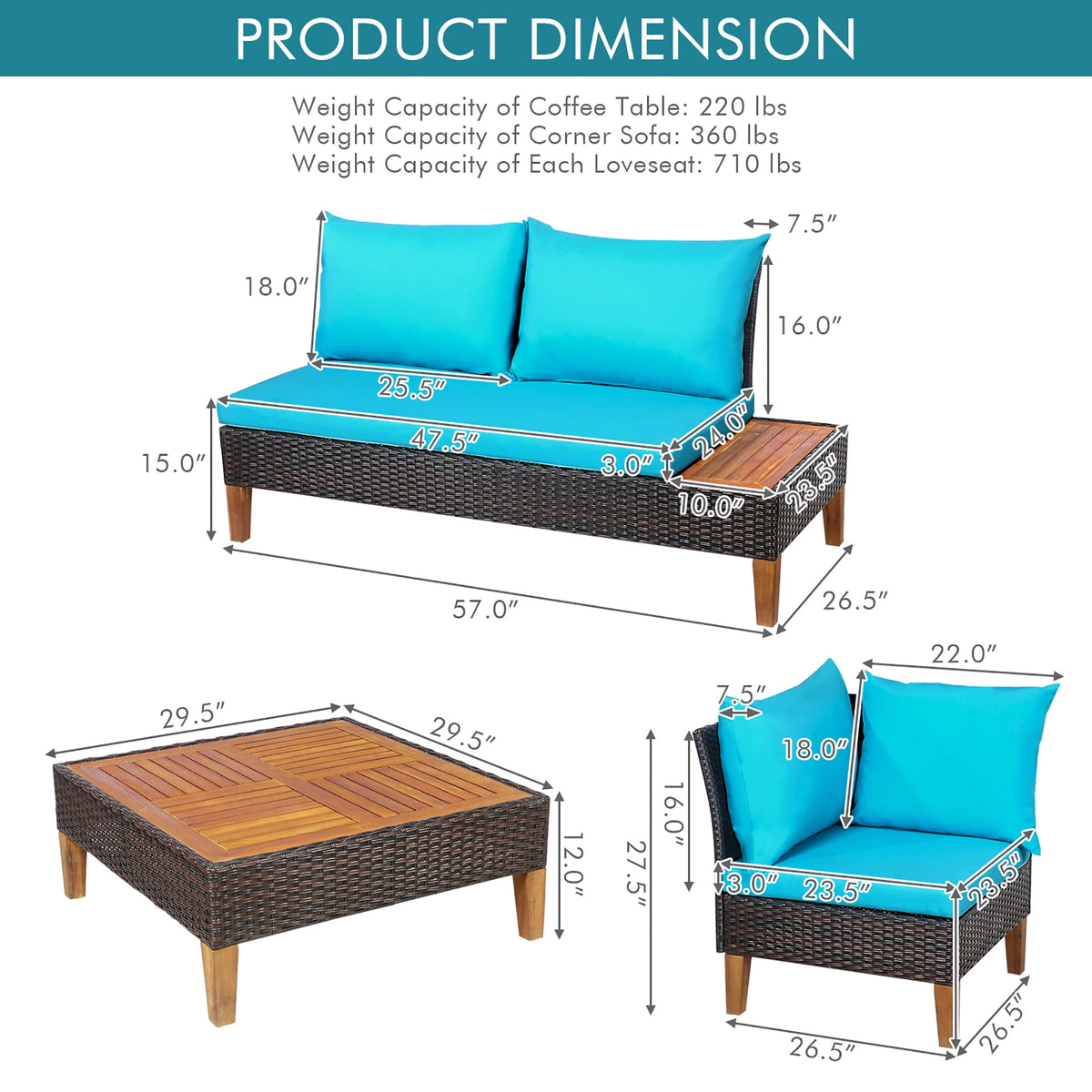 Costway 4PCS Patio Rattan Furniture Set Cushioned Loveseat w/Wooden Side Table Turquoise