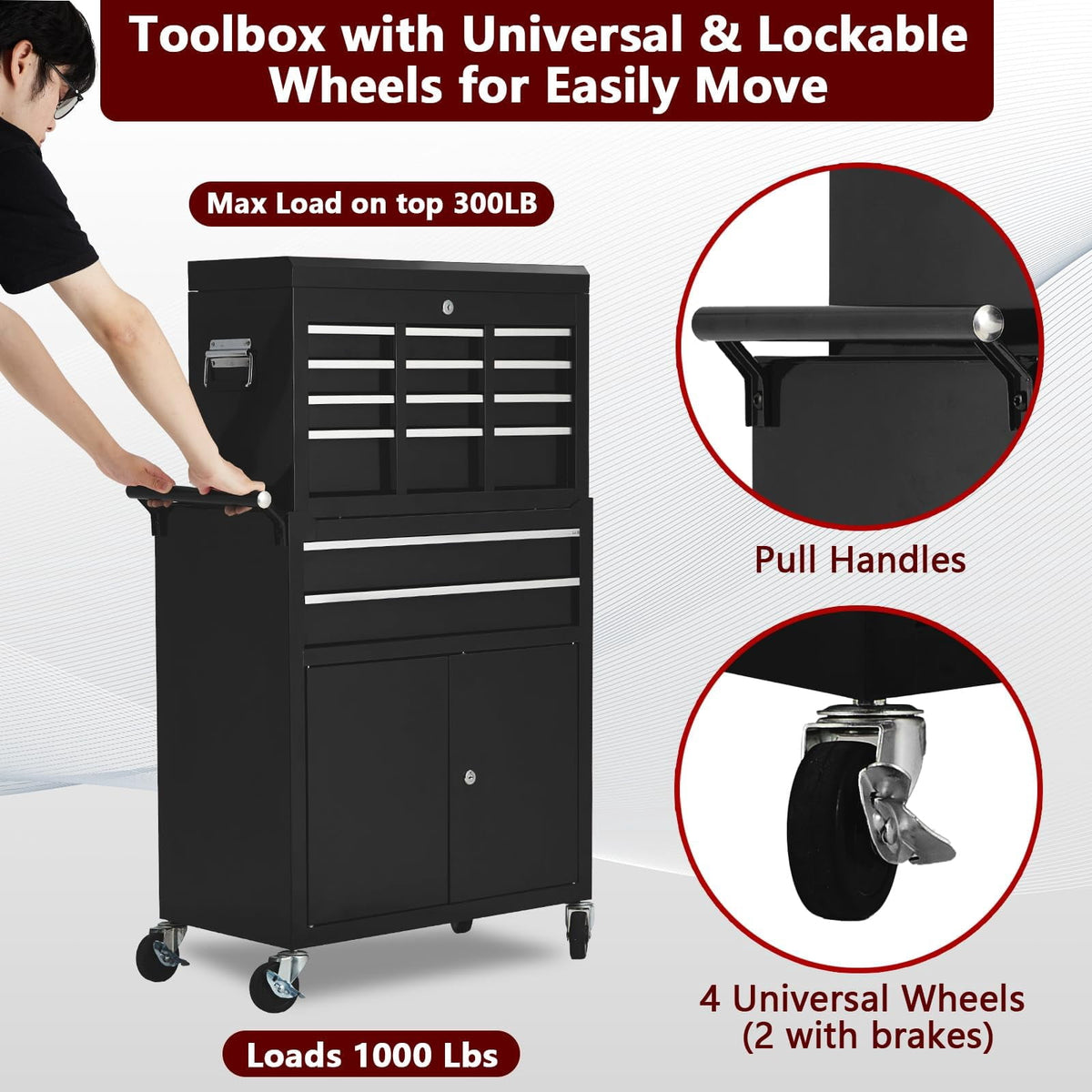 Yiwa 8-Drawer Tool Chest, Tool Box Organizer w/Lockable Wheels & Detachable Top & Adjustable Shelf, Toolbox for Workshop Garage