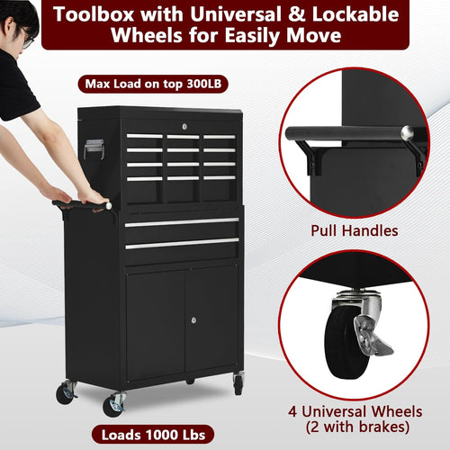 Yiwa 8-Drawer Tool Chest, Tool Box Organizer w/Lockable Wheels & Detachable Top & Adjustable Shelf, Toolbox for Workshop Garage