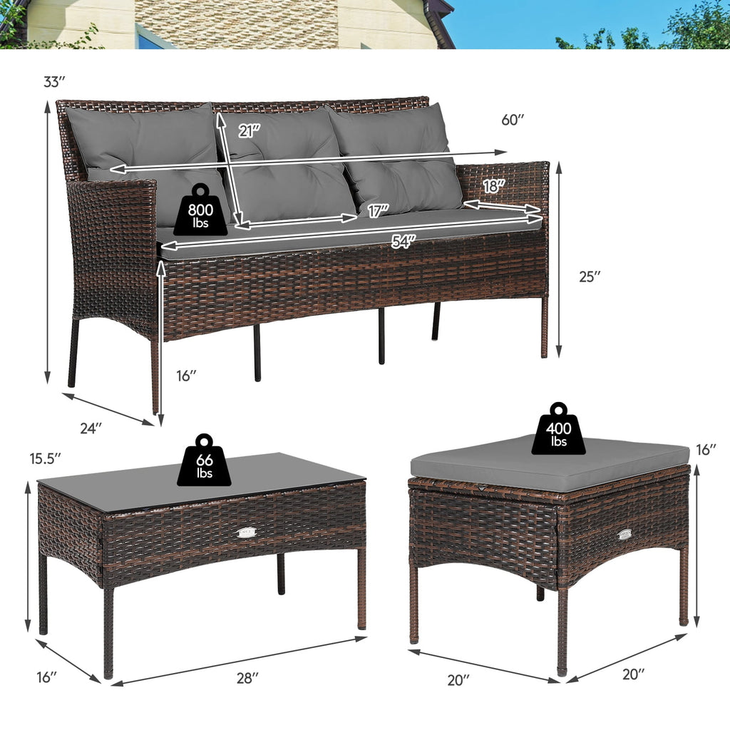 Patiojoy 3 PCS Patio Furniture Set Outdoor All Weather Wicker Conversation Set w/Cushioned Ottoman & Side Table Gray