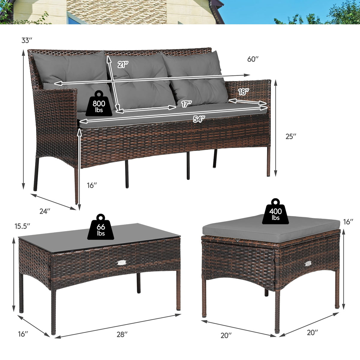 Patiojoy 3 PCS Patio Furniture Set Outdoor All Weather Wicker Conversation Set w/Cushioned Ottoman & Side Table Gray