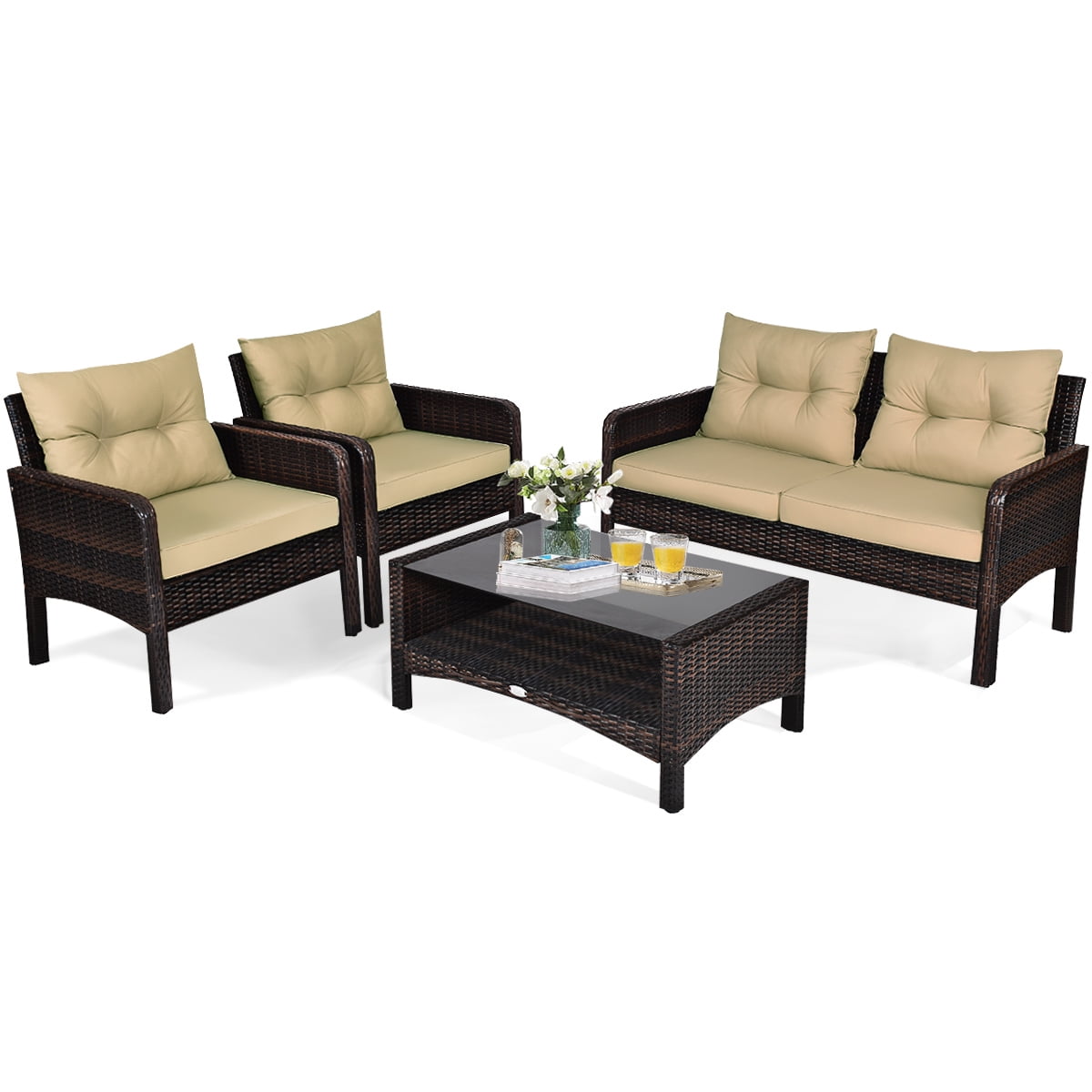Patiojoy 4 Piece Patio Conversation Set Rattan Wicker Loveseat Sofa Coffee Table & Glass Top