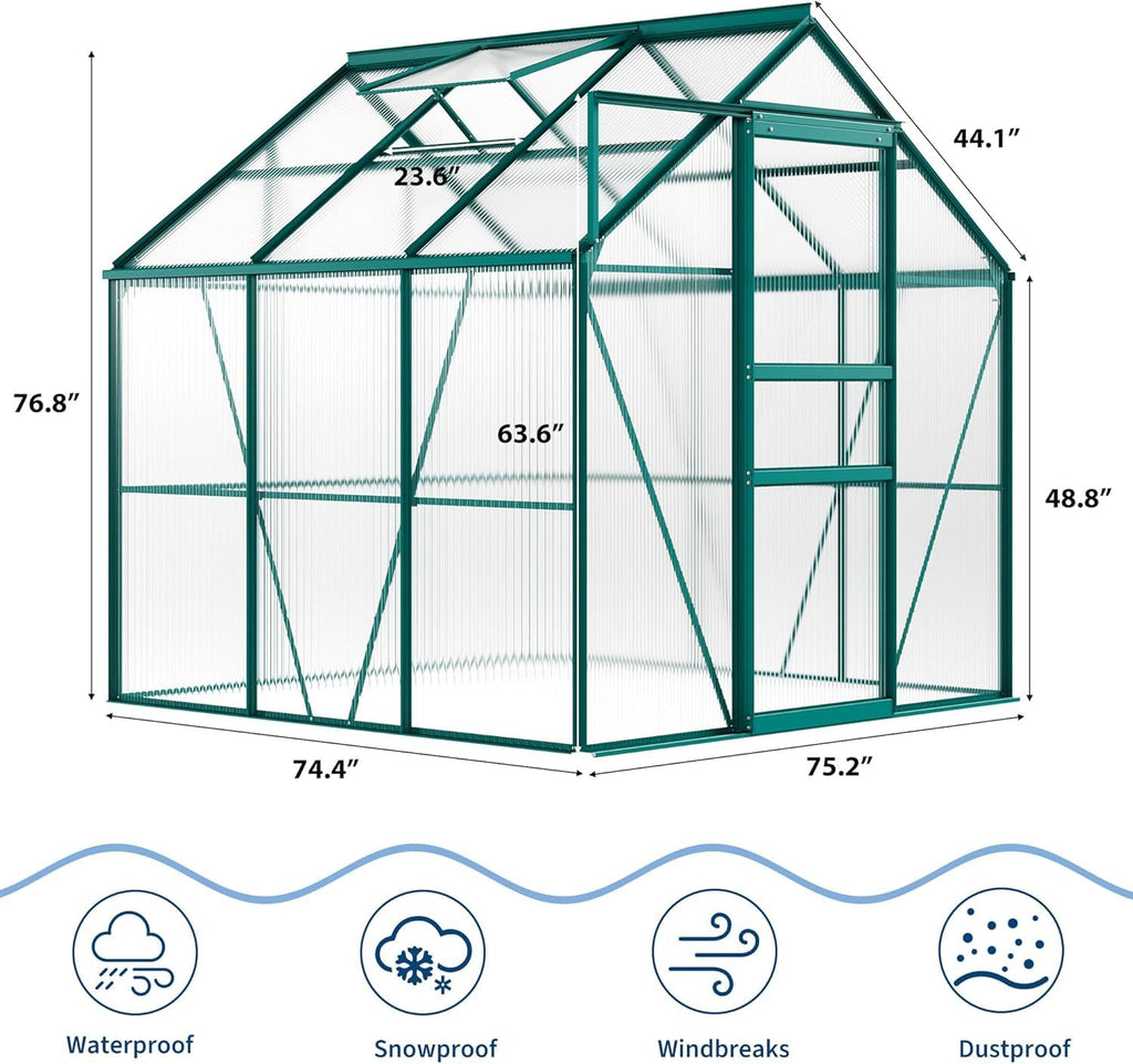 Polycarbonate Greenhouse with Roof Vent, Ground Nails, Lockable Push Door, Aluminum Large Walk-in Green House for Outside Garden