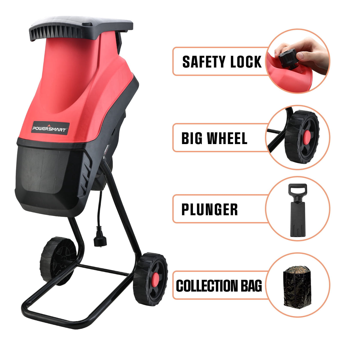 PowerSmart 1.77" 15-Amp 120V Electric Wood Chipper Shredder, with Collecting Bag