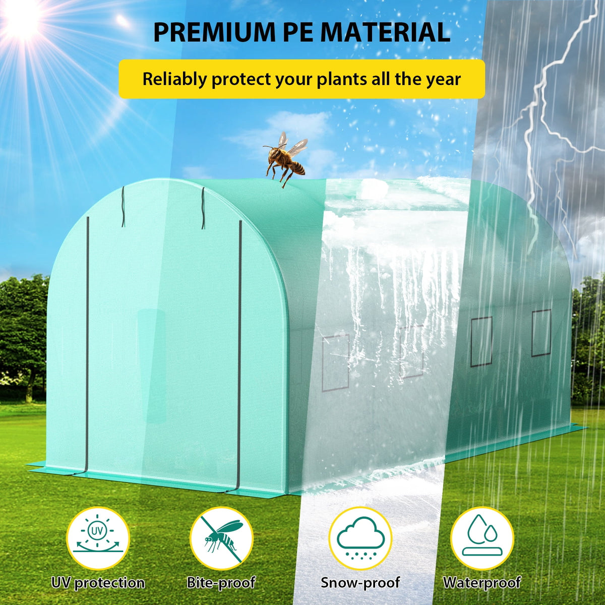 15x7x7 Ft Walk-In Tunnel Greenhouse, Galvanized Steel Frame, Green PE Cover, Zipper Door and 8 Mesh Windows