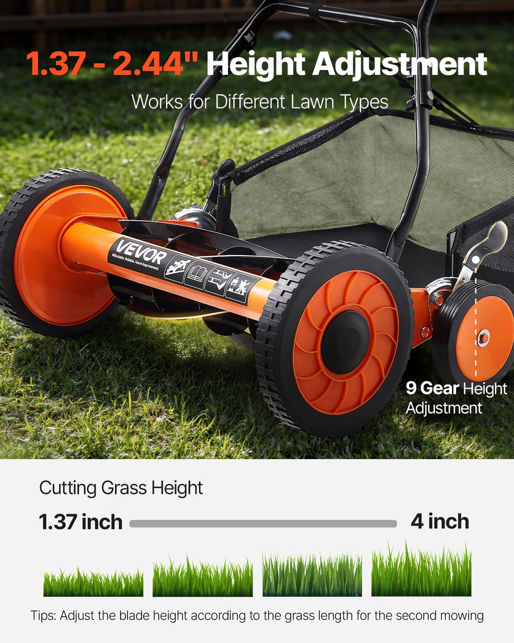 VEVOR 18" Manual Push Reel Lawn Mower 5-Blade Adjustable Height Grass Catcher 4 Wheels