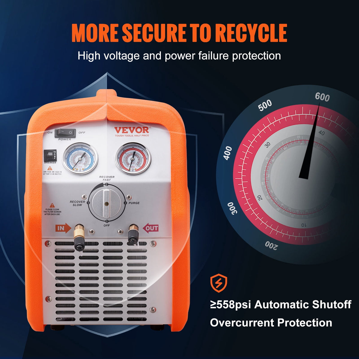 VEVOR 3/4 HP Portable Refrigerant Recovery Machine, 120V 60Hz, High-Pressure Protection for AC and HVAC