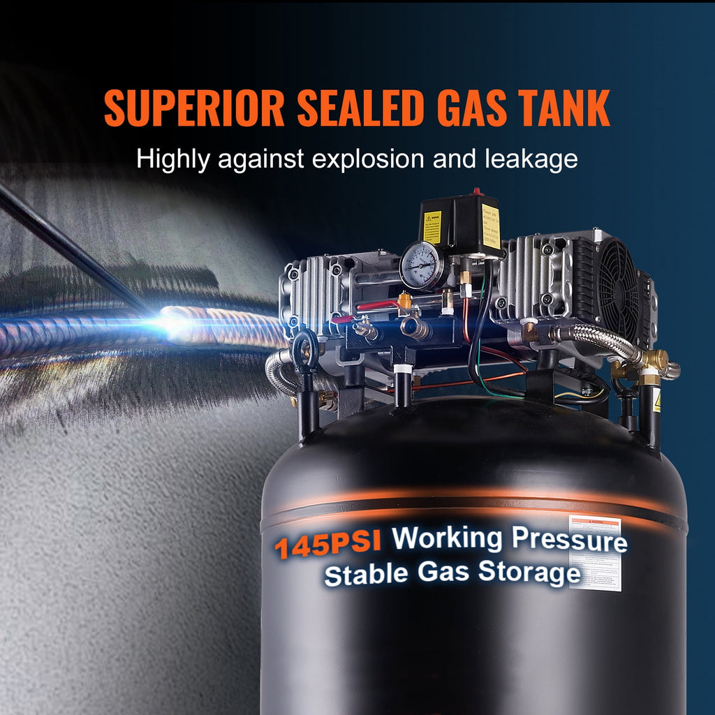 KFFKFF 80-Gallon Air Compressor, 6.5 HP, 15.5 SCFM at 90 PSI, Dual-Stage, 145 PSI, Oil-Free, 86 dB