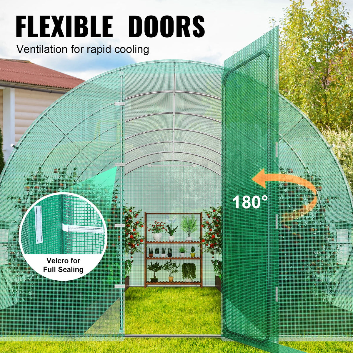 KFFKFF 27.4x9.5x7.4 Ft Tunnel Greenhouse, Galvanized Steel Frame, Green PE Cover, Swing Door and 16 Roll-Up Windows