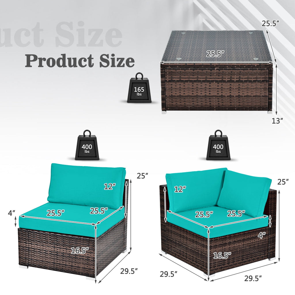 Patiojoy 6PCS Wicker Patio Sectional Conversation Furniture Set with Coffee Table & Seat Cushions Turquoise