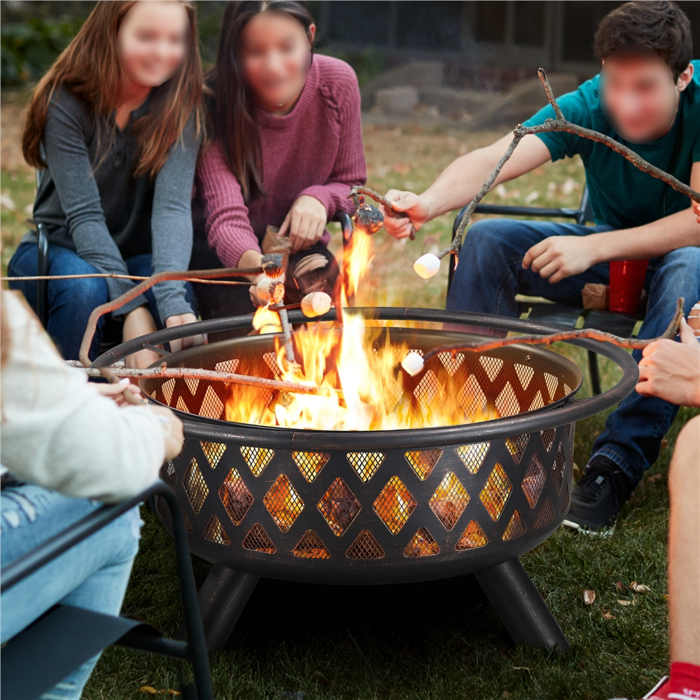 Yaheetech Outdoor Metal Fire Pit with Mesh Screen Poker Rain Cover, Bronze