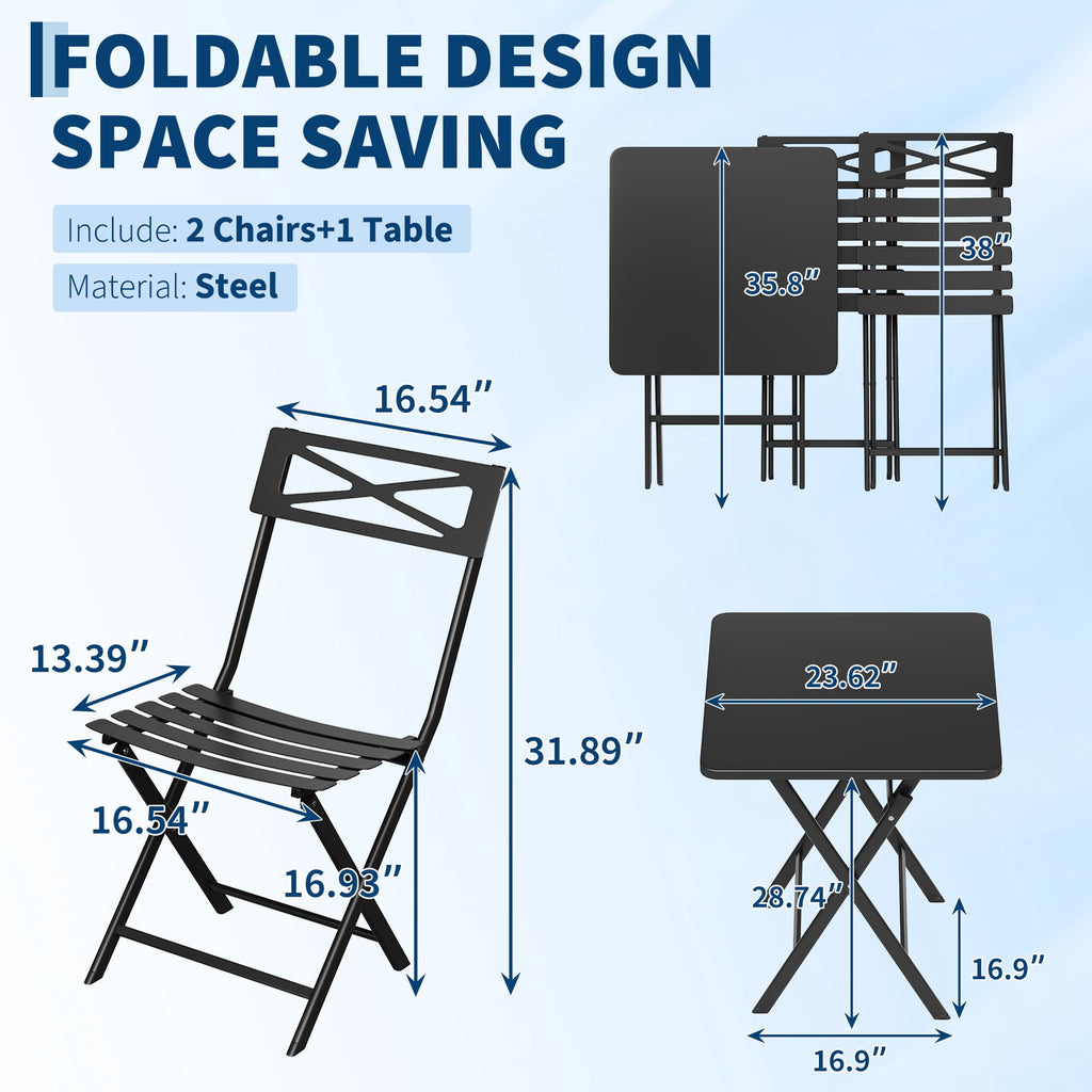 GloryStar Folding Outdoor Bistro Set, Table and 2 Chairs, Heavy-Duty Weather-Resistant Steel Patio Furniture