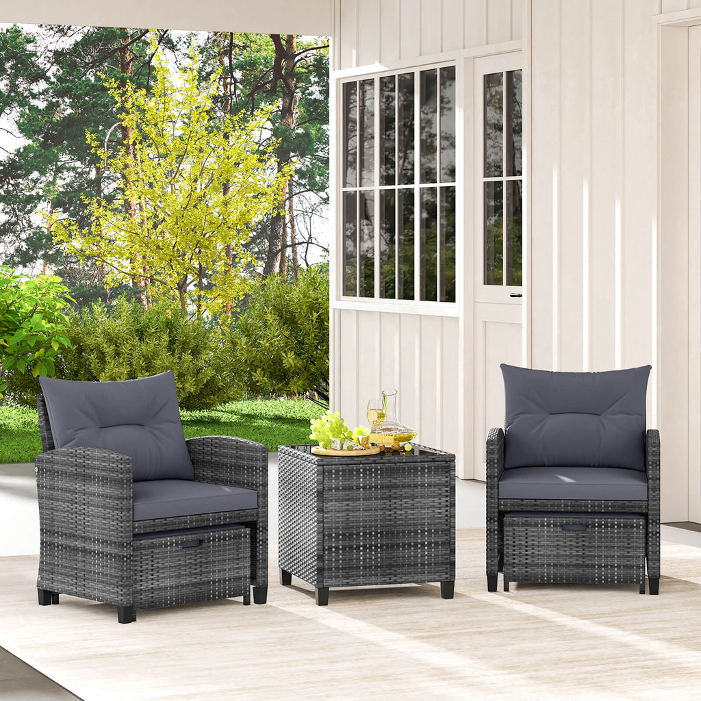 Costway 5 Piece Patio Rattan Furniture with 2 Ottomans & Tempered Glass Coffee Table Grey