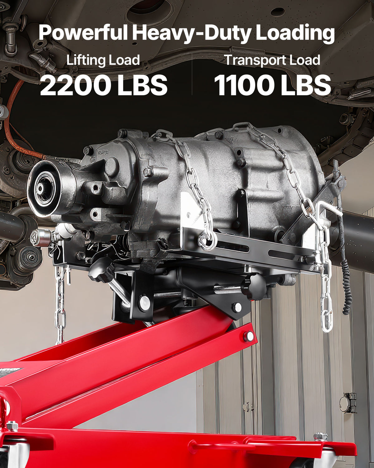 VEVOR 1-Ton/2200 lb Low-Profile Telescoping Transmission Jack, 7.28-27.6 Inch Lift, 360-Degree Swivel Wheels