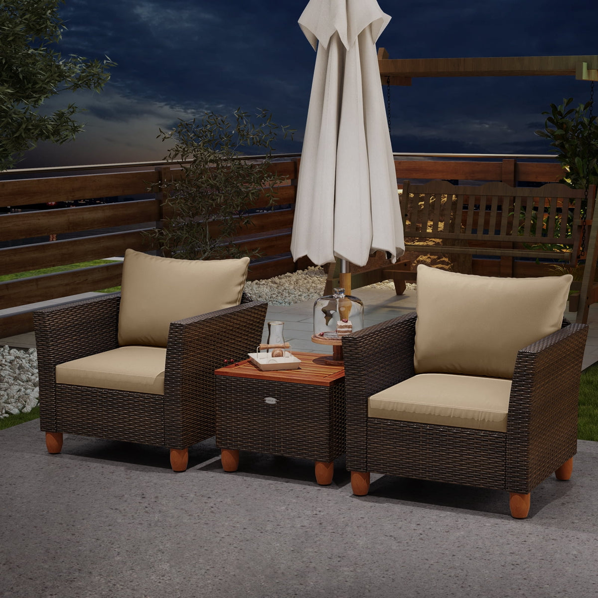 Gymax 3 PCS Patio PE Wicker Furniture Set Outdoor Conversation Bistro Set w/ Cushions Beige