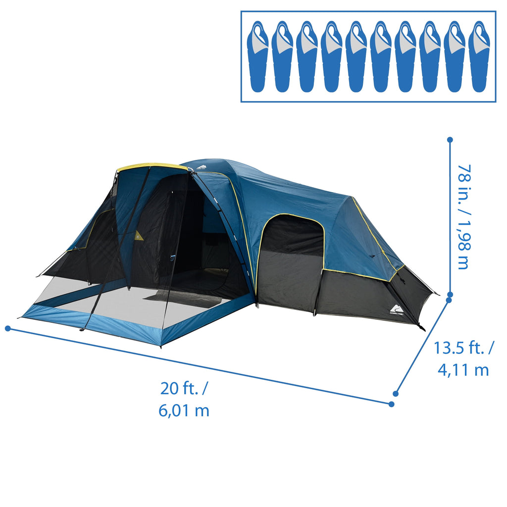 Ozark Trail, 10-Person Dome Tent, Rain Fly, Screened Front Porch, Easy to Assemble Fiberglass Poles. Blue Color, Ideal for Family Camping, 27.45lbs.