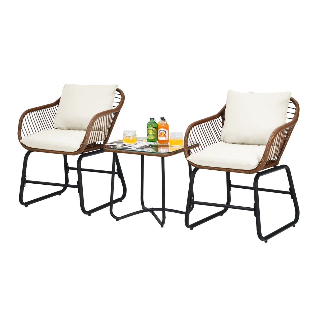 Patiojoy 3 Pieces Outdoor Furniture Set Patio Bistro Set w/2 Armchairs & Tempered Glass Table White