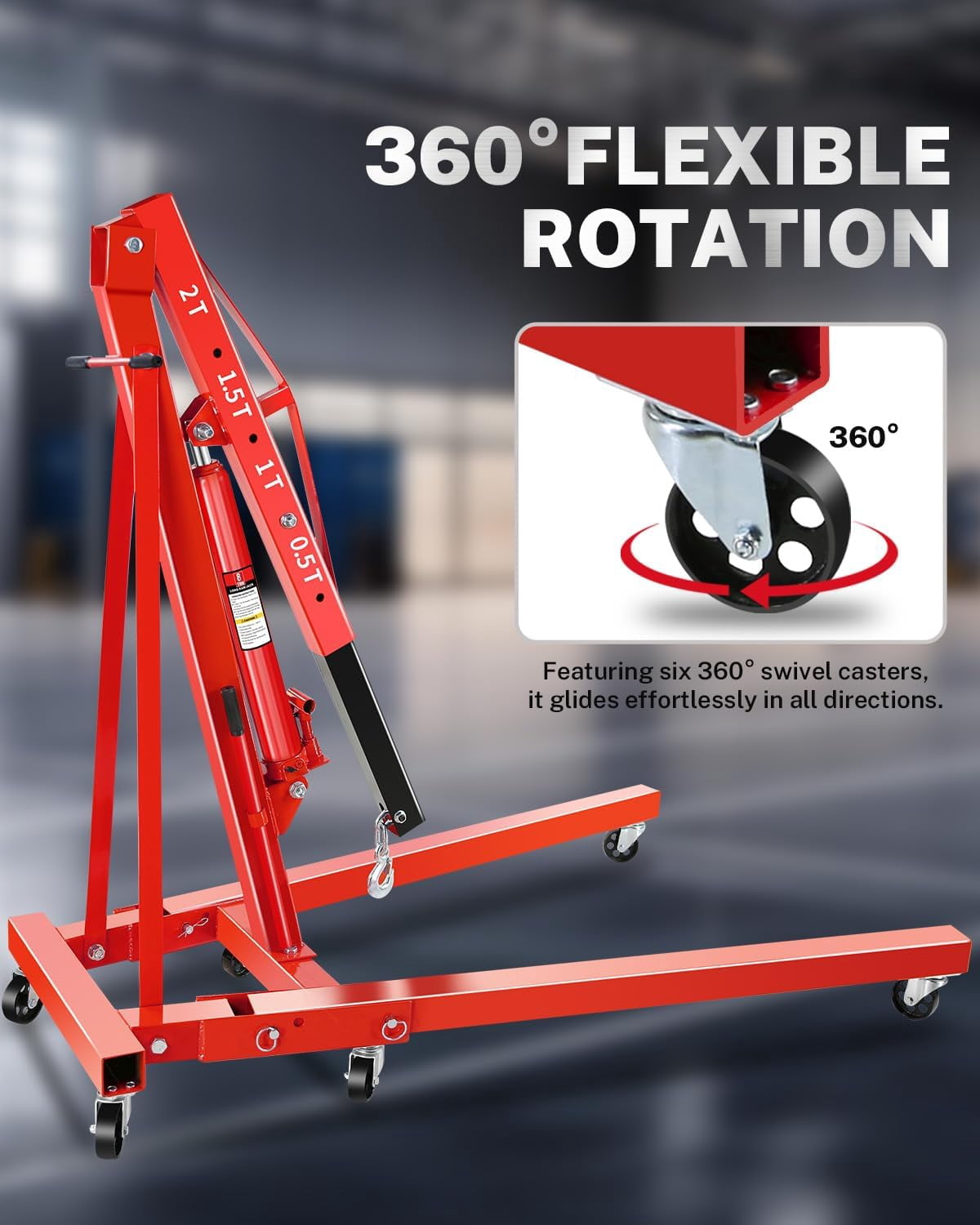 GloryStar Heavy Duty 2 Ton Engine Hoist, Hydraulic Folding Shop Crane with 6 Swivel Casters and Telescoping Boom, 4400 lbs Capacity
