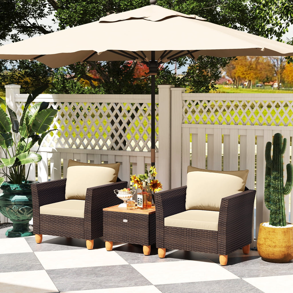 Gymax 3 PCS Patio PE Wicker Furniture Set Outdoor Conversation Bistro Set w/ Cushions Beige