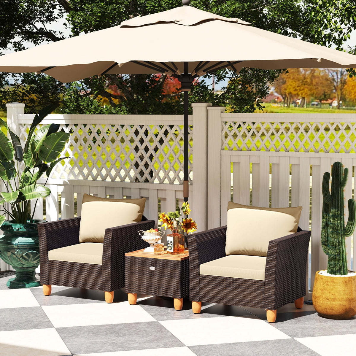 Gymax 3 PCS Patio PE Wicker Furniture Set Outdoor Conversation Bistro Set w/ Cushions Beige
