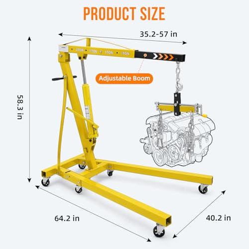 2-Ton/4400 lb Hydraulic Engine Hoist, Shop Crane with 6 Casters and Telescopic Boom for Garage and Auto Repair