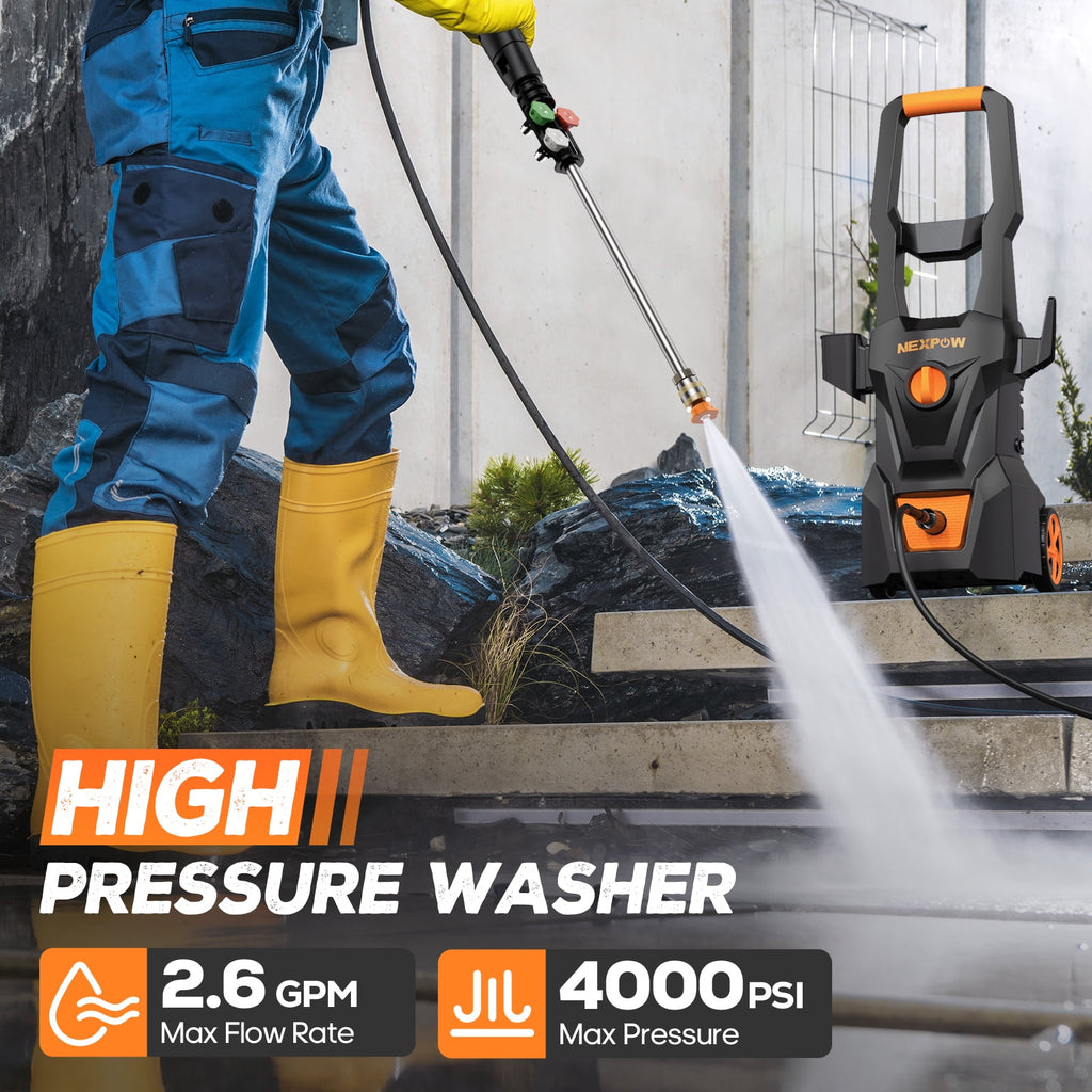 NEXPOW Electric Pressure Washer, 4000PSI Max 2.6 GPM Power Washer with 30 ft Hose, 4 Different Pressure Tips, Foam Cannon, Perfect for Cars, Patios