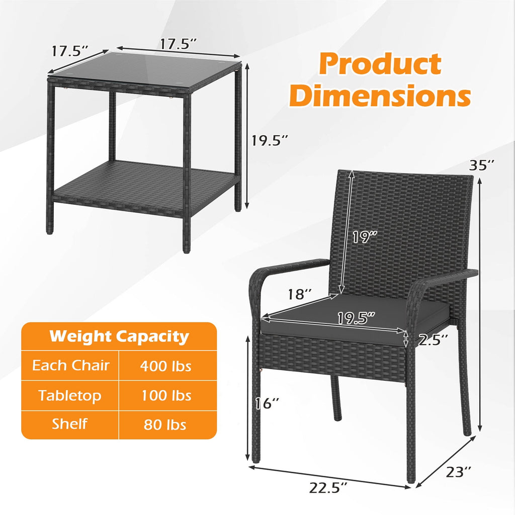 Gymax 3 Piece Patio Furniture Set Outdoor Wicker Chair & Table Set w/ Seat Cushions Black