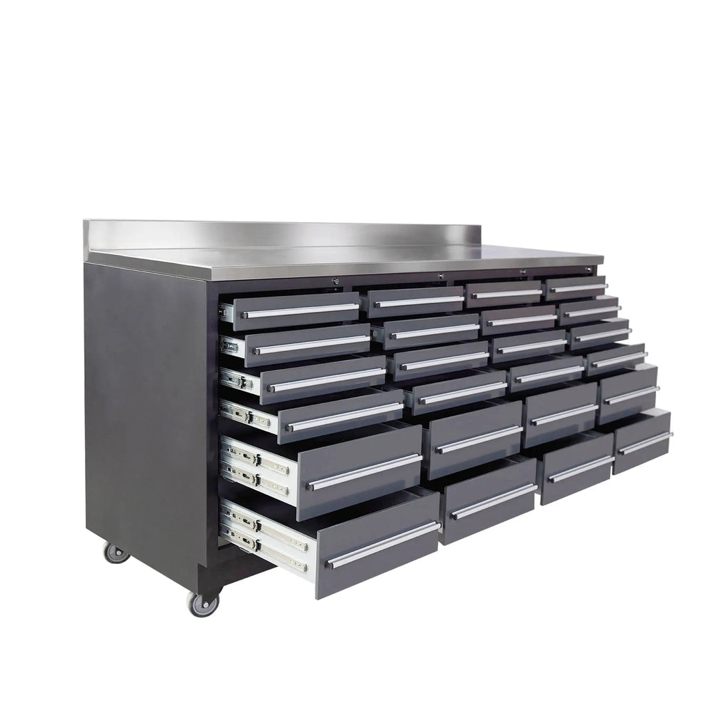 TMG Industrial TMG Heavy Series 7-Ft 24-Drawer Workbench with Stainless Steel Top, Ball Bearing Double Slides & Casters, TMG-WB724