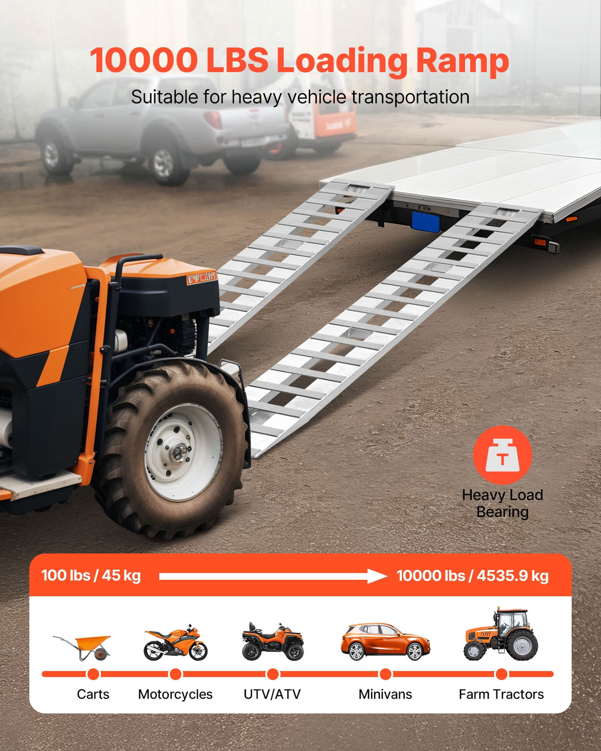 VEVOR Aluminum Loading Ramps, 2-Piece Set, 108x15 Inches, Anti-Slip Plates, 10,000 lb Combined Capacity