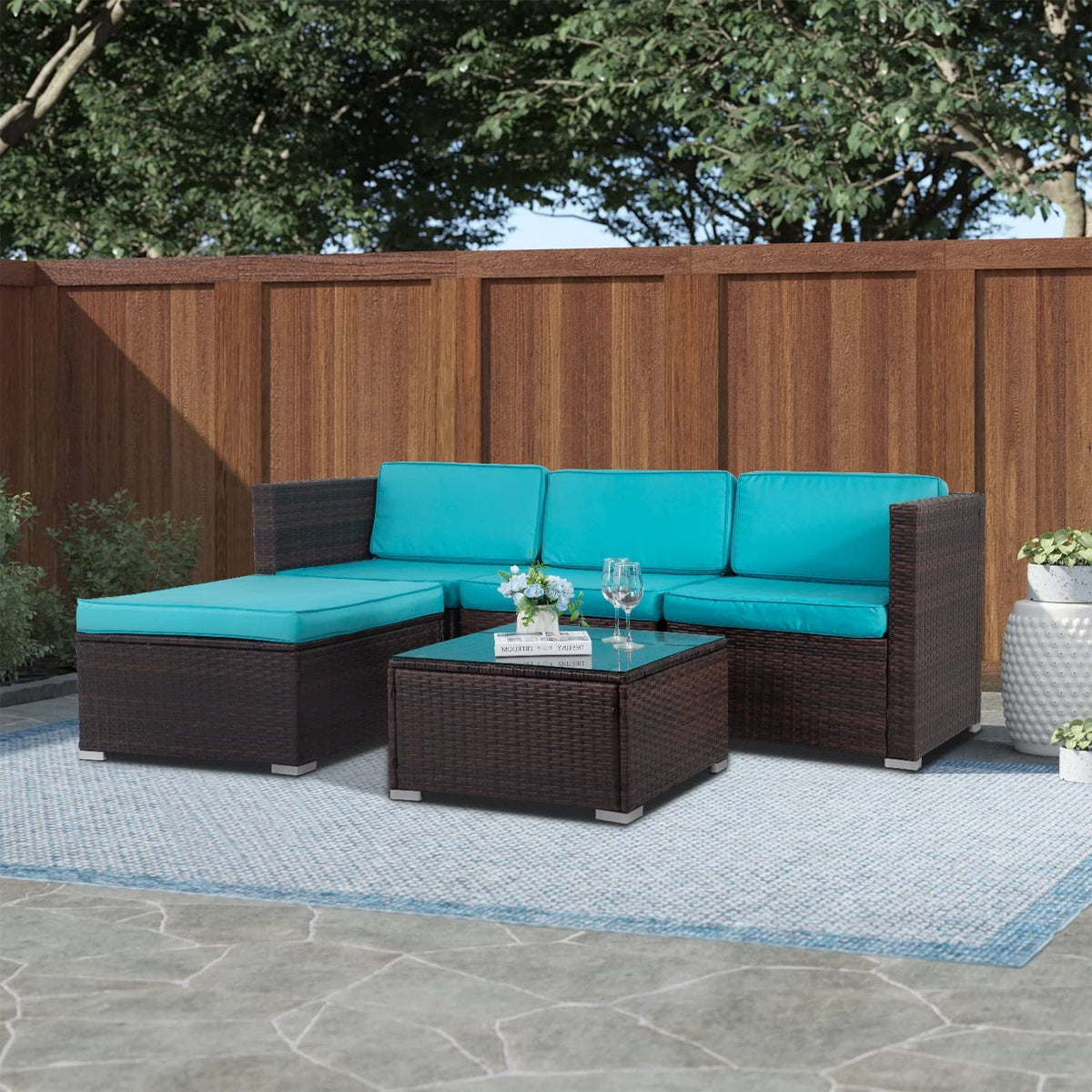 FDW 5-Piece Outdoor Patio Furniture Set, Rattan Wicker Sofa, Chairs & Table, Blue