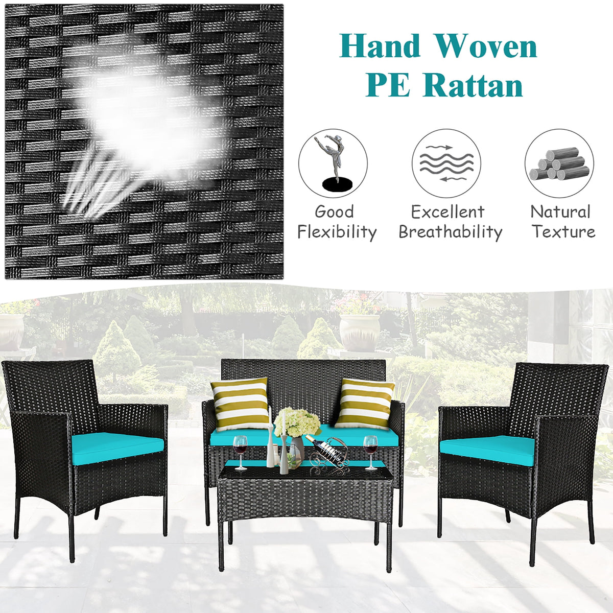 Costway 8PCS Patio Rattan Furniture Set Cushioned Sofa Coffee Table Backyard Turquoise