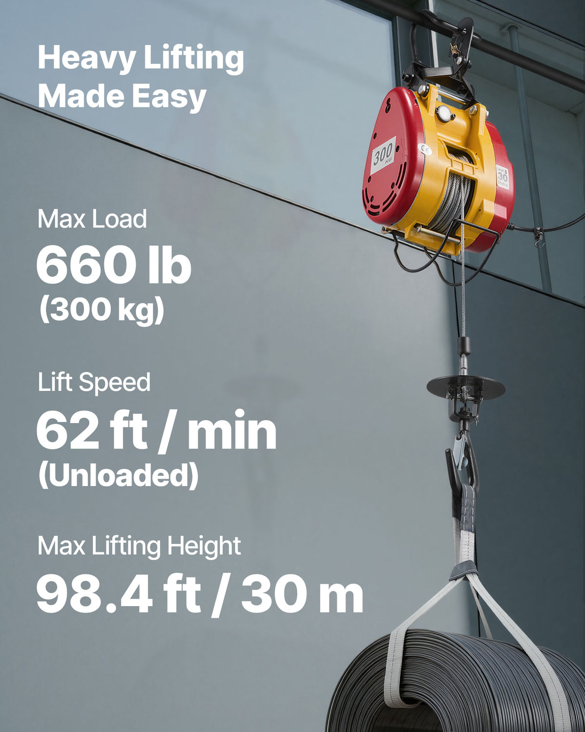 VEVOR 2-in-1 Electric Hoist Winch, 660 lb Capacity, 1500W, 98.4 ft Lift, 62 ft/min, Wired and Wireless Controls