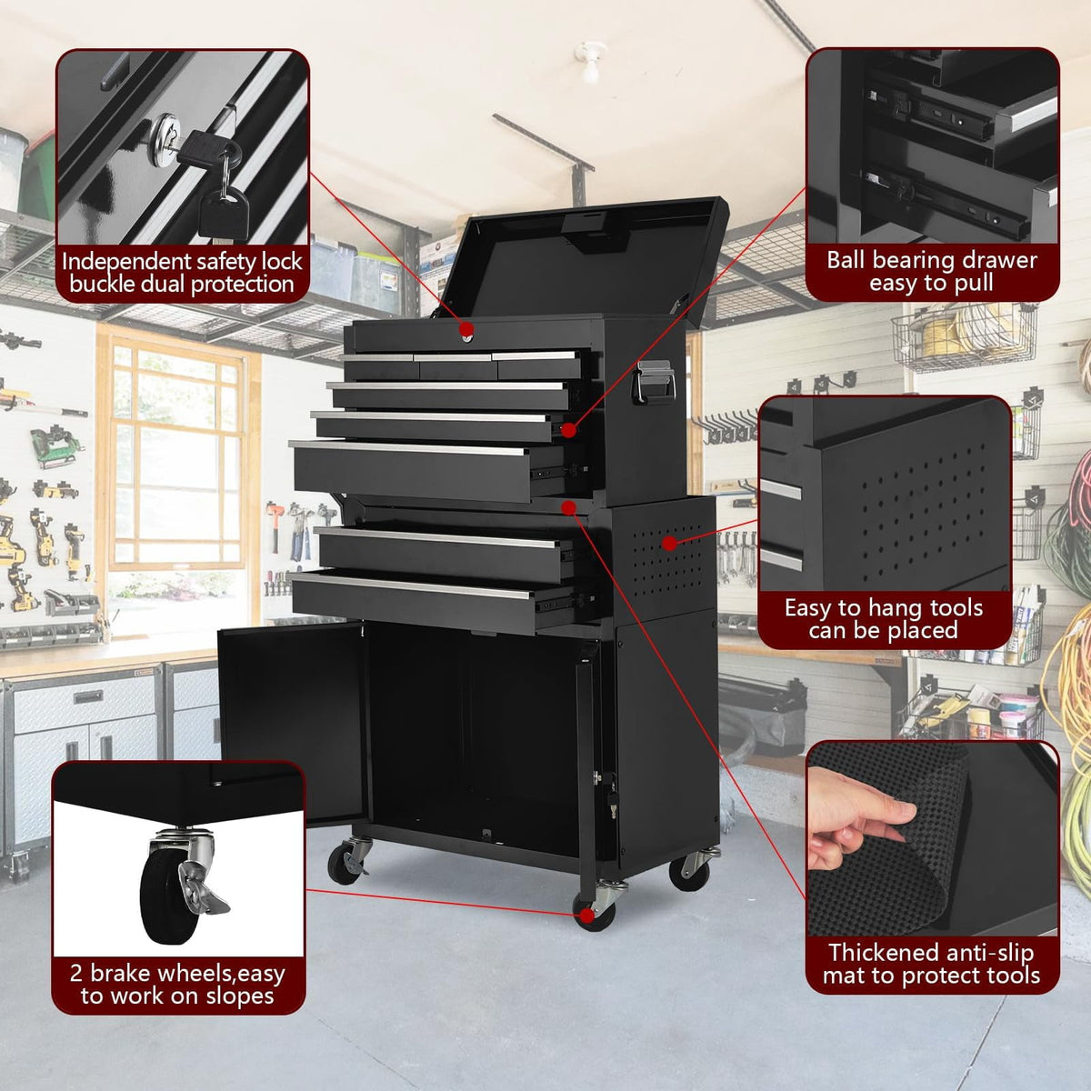 Yiwa 8-Drawer Tool Chest, Tool Box Organizer w/Lockable Wheels & Detachable Top & Adjustable Shelf, Toolbox for Workshop Garage