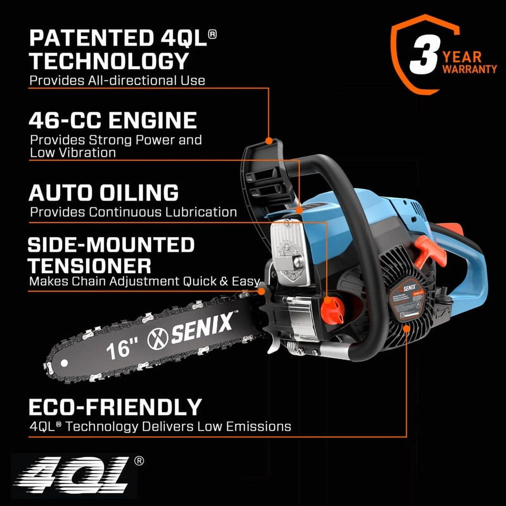 SENIX CS4QL-L3 16" 46cc 4-Cycle Gas Powered Chainsaw, Automatic Oiler