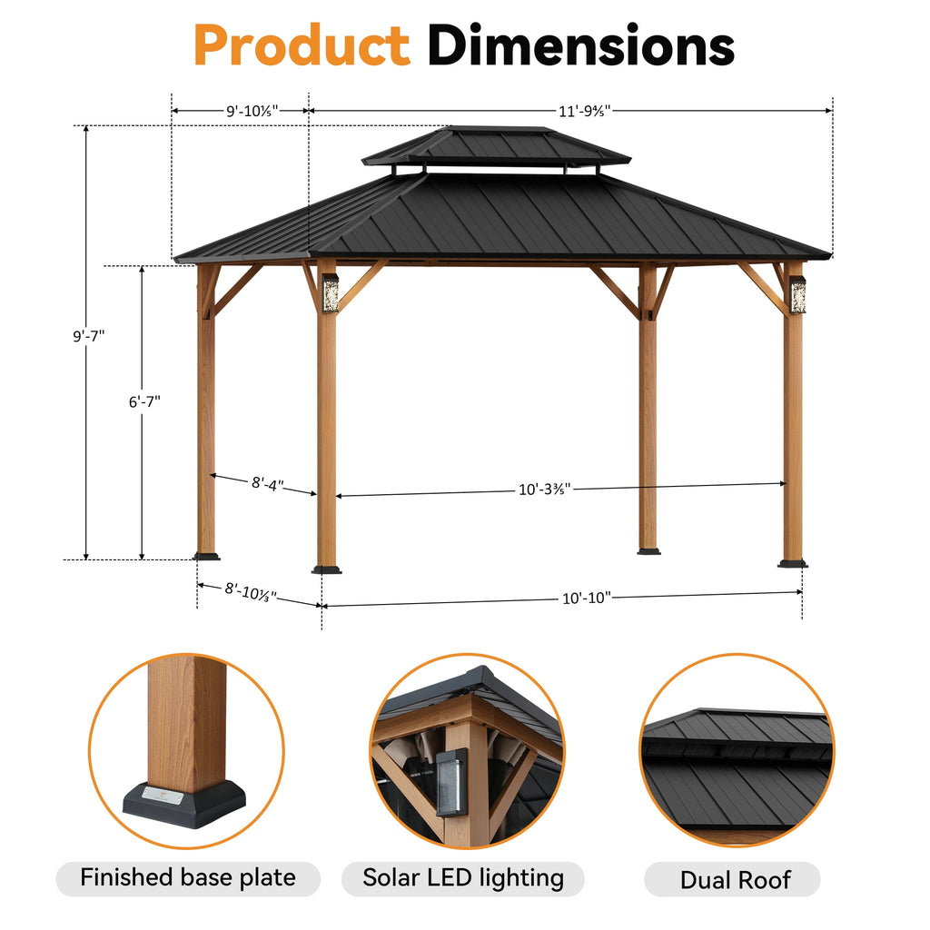 Modern Shade Horizon 10'x12' Hardtop Gazebo, Galvanized Double Steel Roof, 4 LED Lights, Hooks & Mosquito Netting, Wood Grain Finish