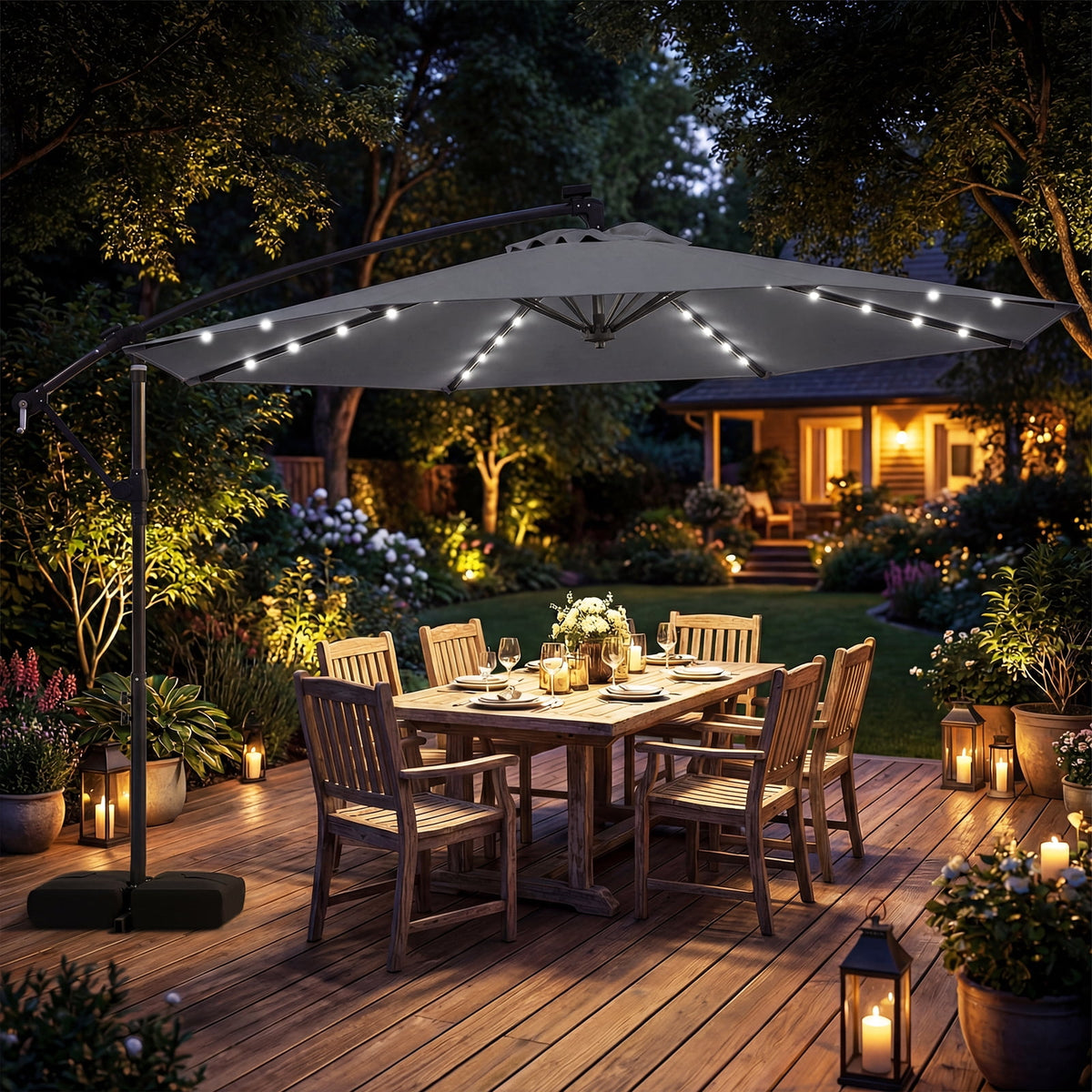 Costway 10 FT Solar Offset Hanging Umbrella Patio Cantilever Umbrella with 32 LED Lights Gray