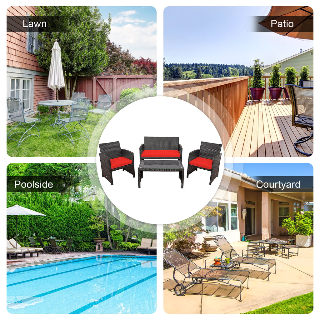 Costway 4PCS Patio Rattan Furniture Set Cushioned Chair Sofa Coffee Table Red