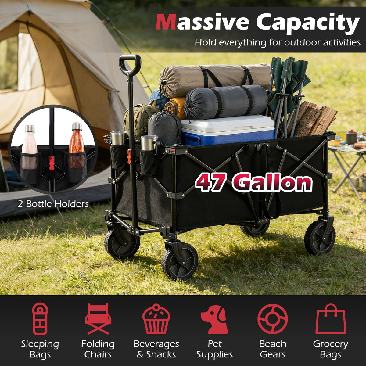 Gymax 38'' Collapsible Wagon Cart w/All-Terrain Wheels 2 Cup Holders Adjustable Handle