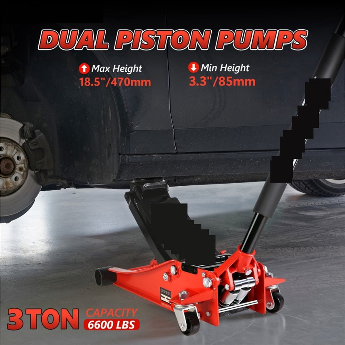 Heavy-Duty 3 Ton (6600 Lbs) Capacity Hydraulic Floor Jack With Dual Piston Quick Lift Pump - Red, High Carbon Steel, ,Robust Construction