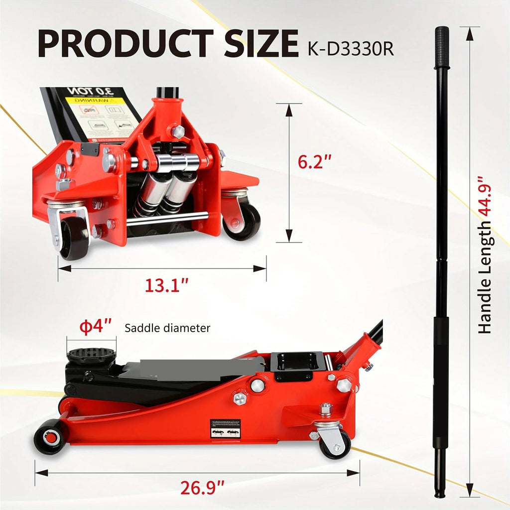 Heavy-Duty 3 Ton (6600 Lbs) Capacity Hydraulic Floor Jack With Dual Piston Quick Lift Pump - Red, High Carbon Steel, ,Easy to Operate