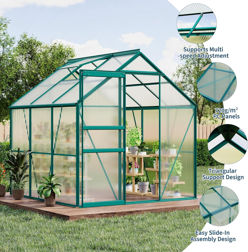 Polycarbonate Greenhouse with Roof Vent, Ground Nails, Lockable Push Door, Aluminum Large Walk-in Green House for Outside Garden