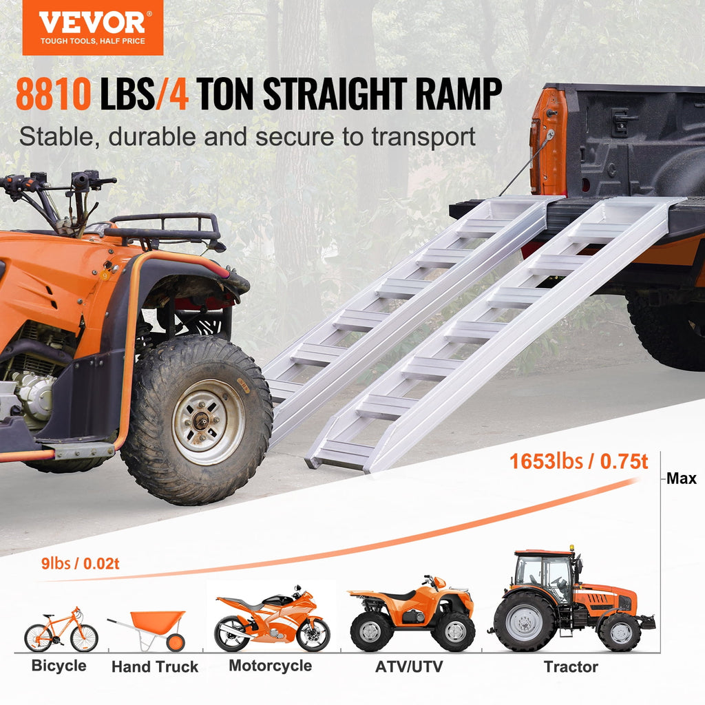 VEVOR Aluminum Ramps, Rated Load 6800 lbs, Max Load 8810 lbs, Heavy-duty Ramps with Top Hook Attaching End Universal