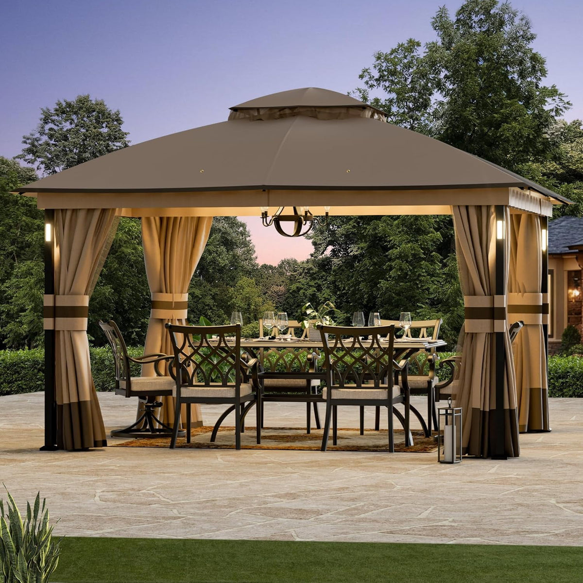 Modern Shade 11'x13' Gazebo with LED Lights & Bluetooth Speaker, Double Roof Metal Patio Canopy with Netting & Curtains, Khaki