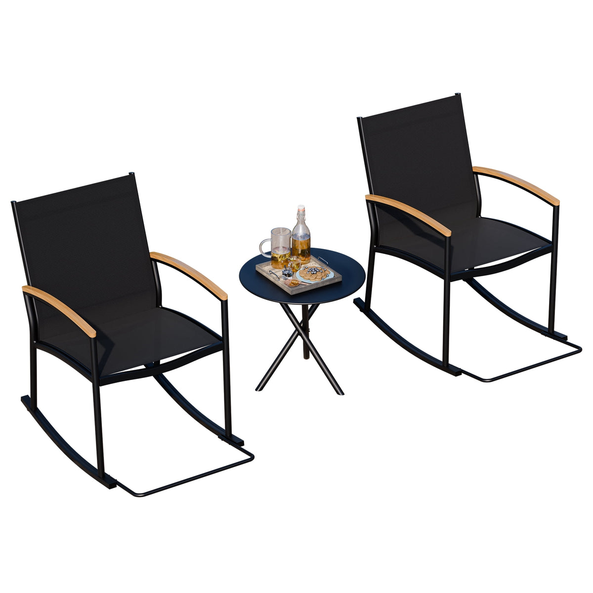 3-Piece Patio Bistro Sets, Outdoor Breathable Rocking Chairs & Black Furniture Conversation Set-Two Chairs with Coffee Table Black
